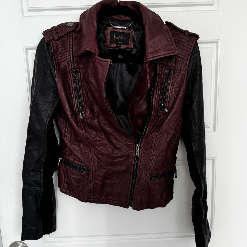 Laundry By Shelli Segal Burgundy & Black Genuine Leather Jacket - XS